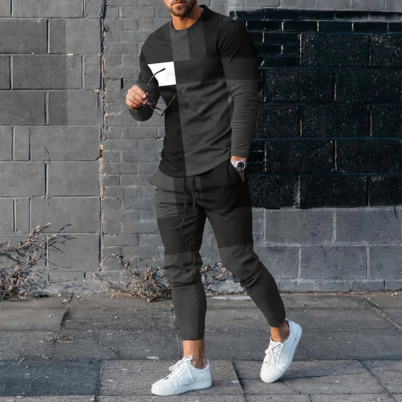Men'S Color-Blocking Long Sleeve  T-Shirt And Pants Two-Piece Suit