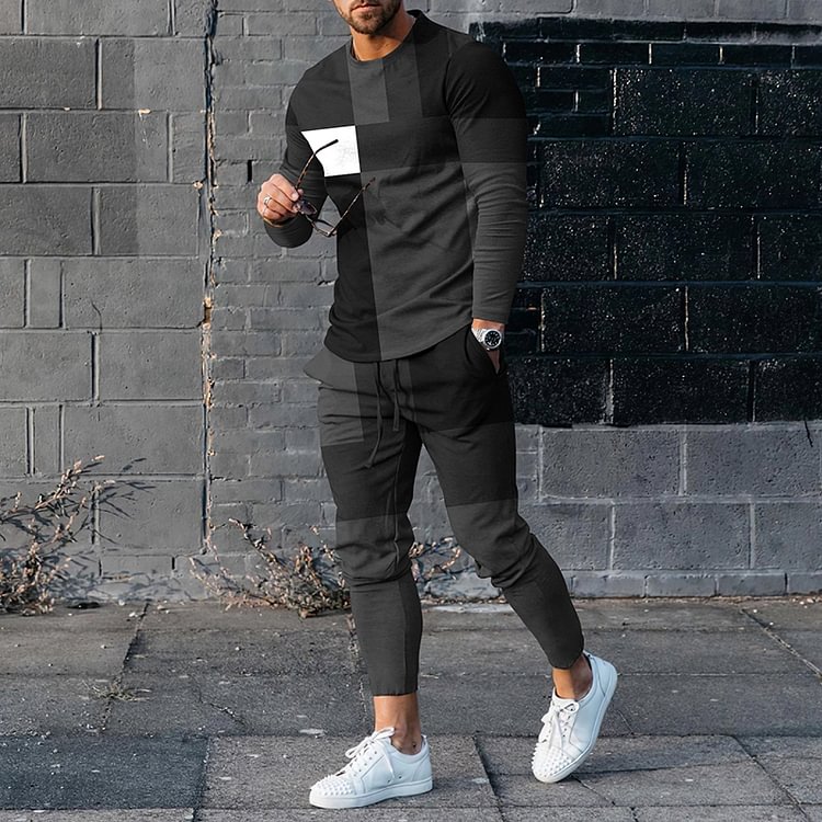BrosWear Men'S Color-Blocking Long Sleeve  T-Shirt And Pants Two-Piece Suit