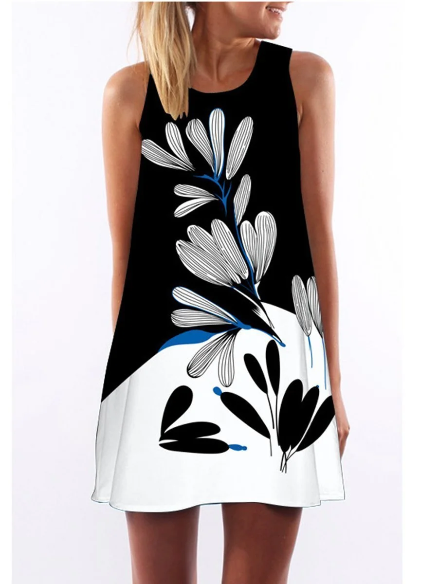 Round Neck Color Block Floral Sleeveless Shift Dress