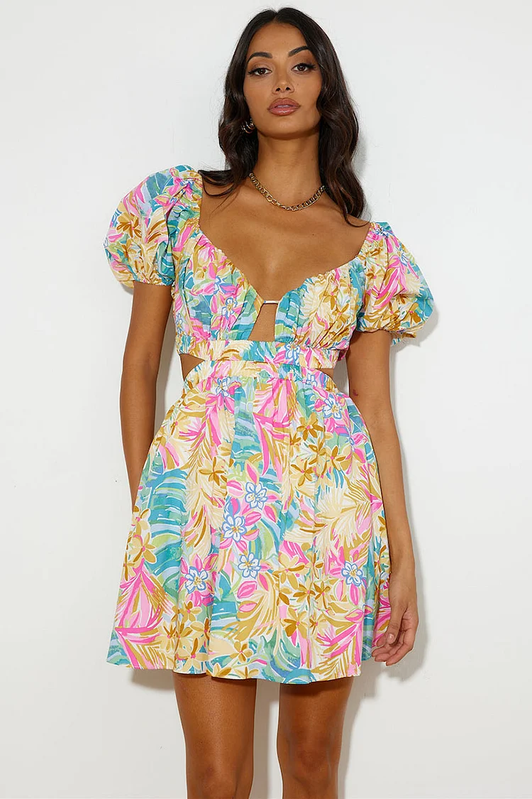 Multicolor Print Puff Sleeve V Neck Tie-Up Backless Mini Dresses [Pre Order]