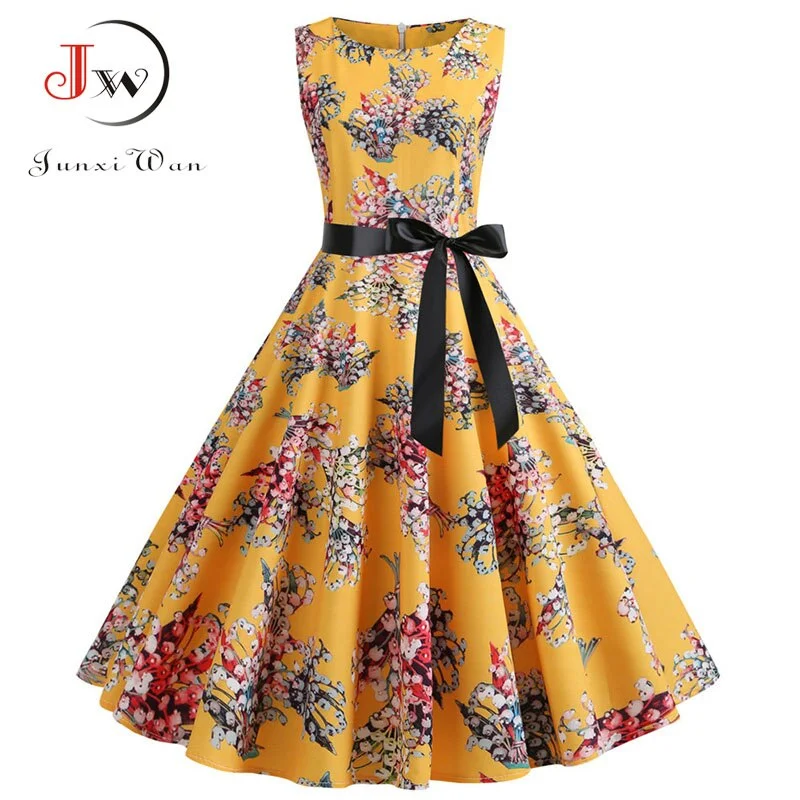 White Floral Print Women Summer Dress Sleeveless Elegant Vintage Party with Belt 50s 60s Robe Femme Casual Midi Dress