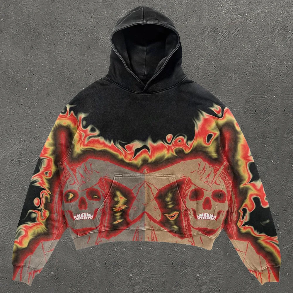 Skull Flame Print Long Sleeve Hoodie