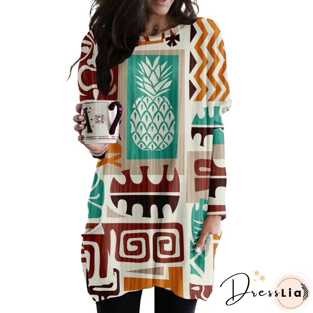 Round Neck Casual Fashion Medium Length Loose Dress 3D Printing