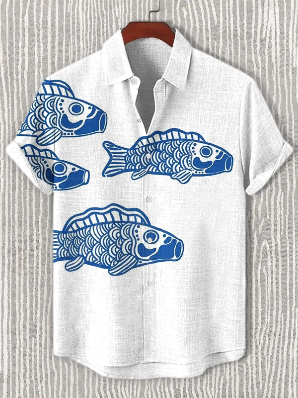 Men's Fish Pattern Japanese Art Print Casual Shirt