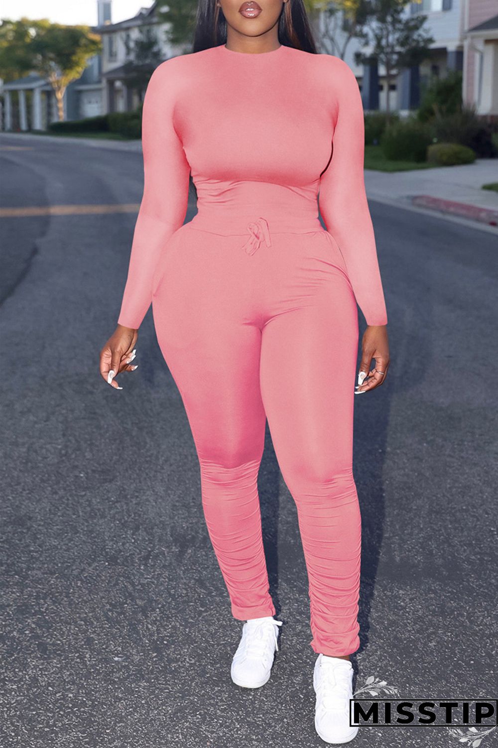 Pink Casual Solid Basic O Neck Long Sleeve Two Pieces