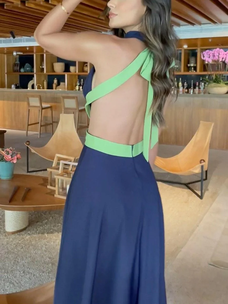 Backless Cross Colorblock Maxi Dress