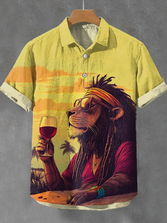 Men's Cool Reggae Lion and Red Wine Sunset Print Casual Shirt