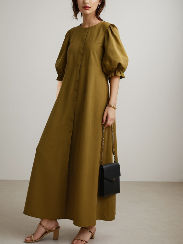 Button Up Balloon Sleeve Loose Maxi Dress