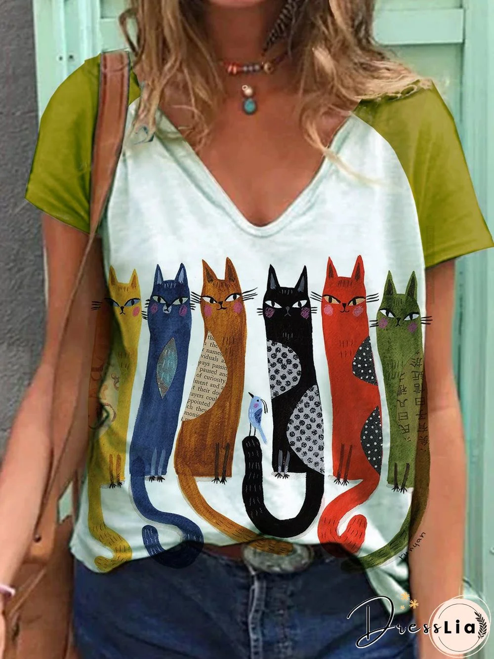 Animal Short Sleeve Printed Cotton-blend V neck Casual Summer Yellow Top