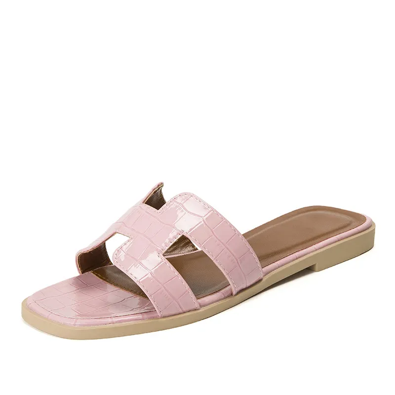 Womens Square Open Toe Summer Casual Flat Crocodile Slippers-vocosishoes