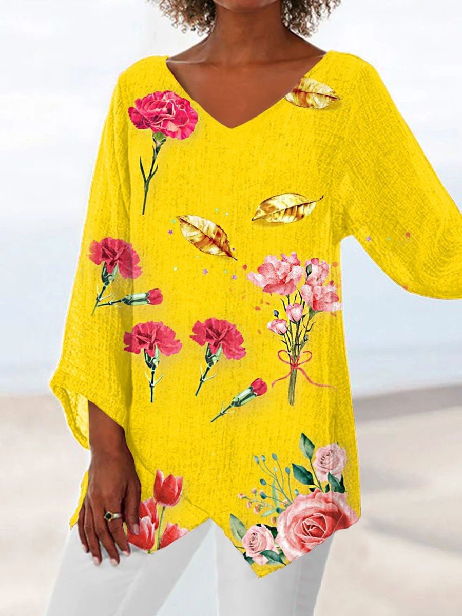 Women Asymmetrical 3/4 Sleeve V-neck Floral Printed Graphic Top Dress