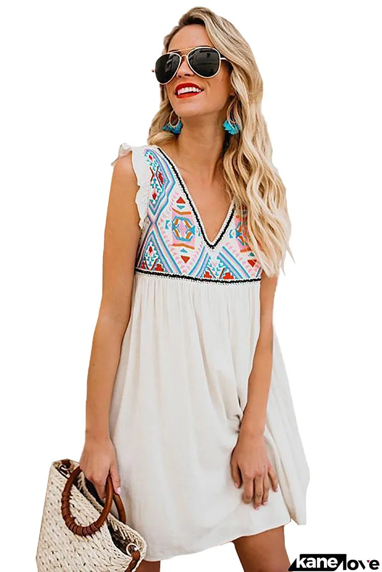 Summer Beach Floral Sleeveless V Neck Mini Dress