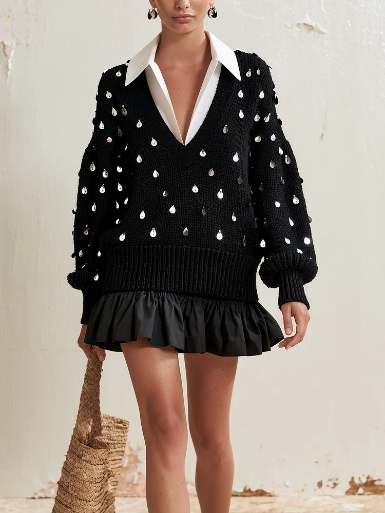Sequin Embellished V-Neck Knit Sweater Layered Shirt Collar Ruffle Mini Dress