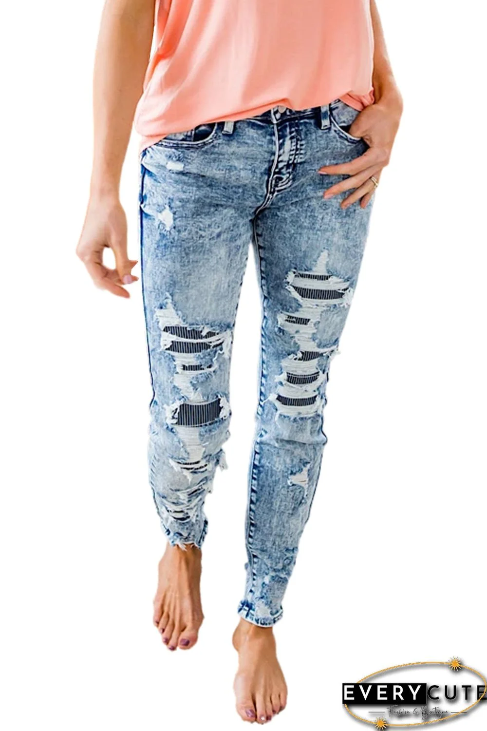 Sky Blue Striped Patchwork Distressed Slim-fit Jeans