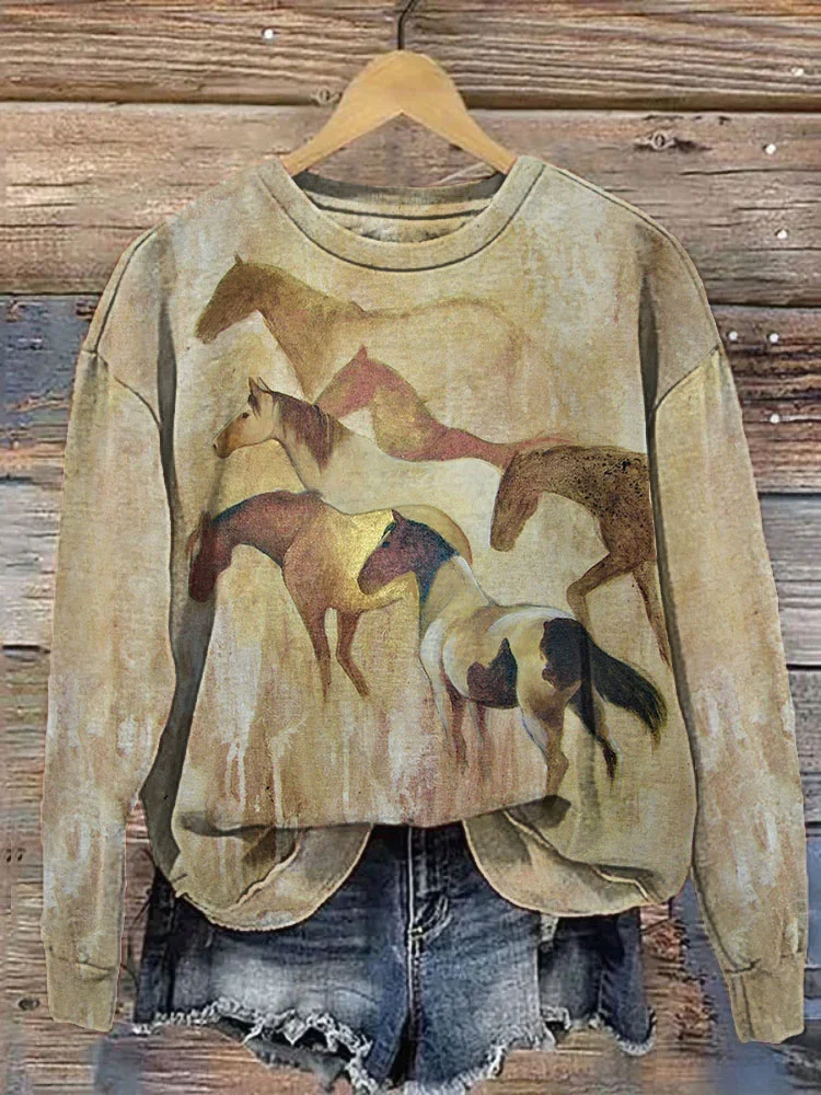 VChics Vintage Horse Art Print Casual Cozy Sweatshirt