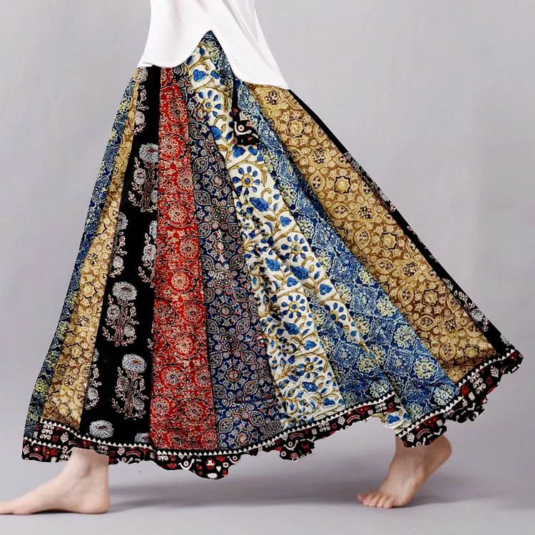 Boho Floral Patchwork Flowy Linen Blend Wide Skirt