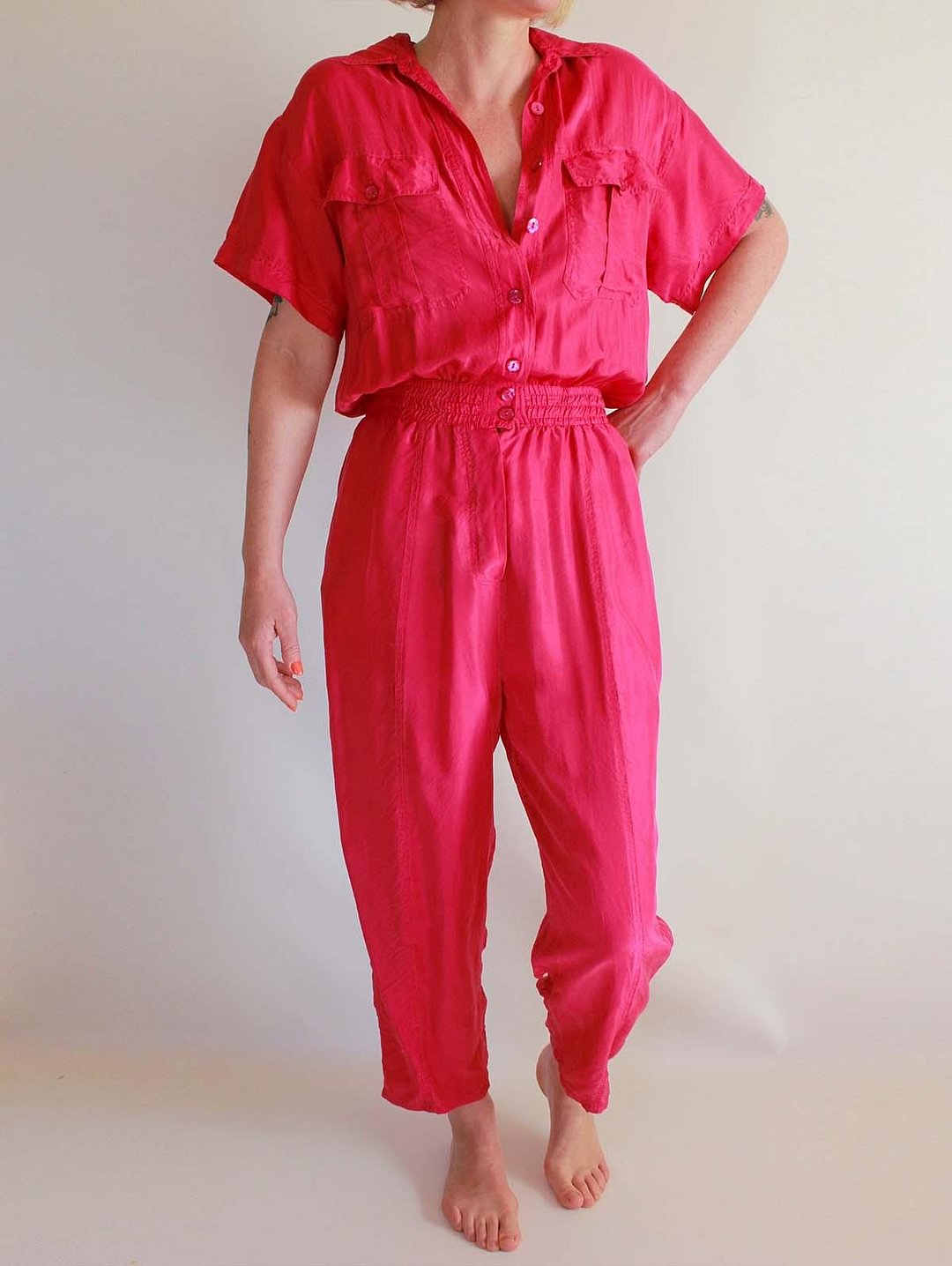 Plain Flap Pocket Button Band Waist Lapel Collar Jumpsuit