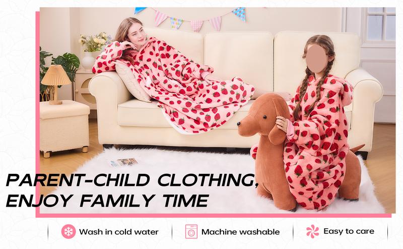 Wearable Blanket Hoodie Oversized Sherpa Fleece Hooded Sweatshirt Blanket with Sleeves,Cozy and Giant Blanket Hoodie Extra Long for Adults Women Winter Gift (Strawberry)