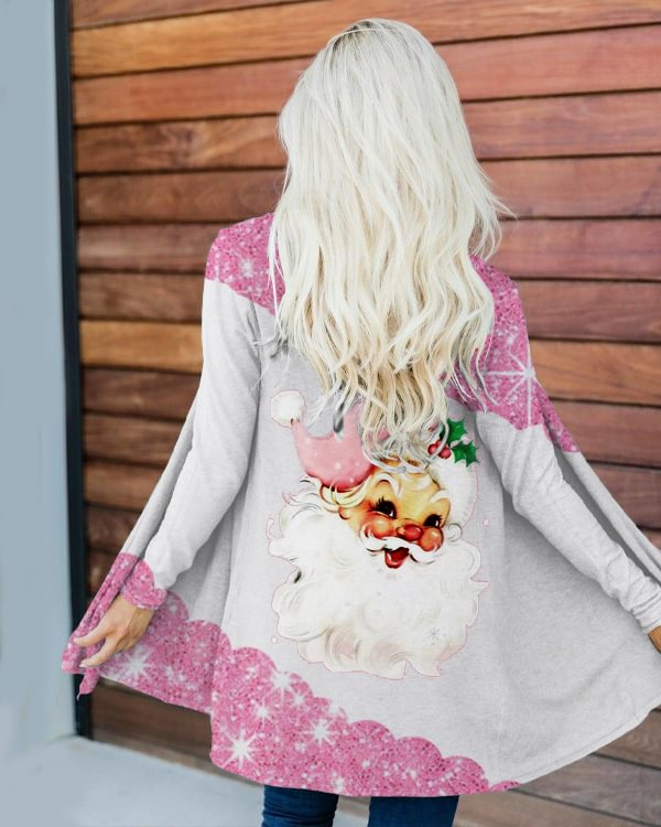 Women's Pink Christmas Santa Print Loose Cardigan