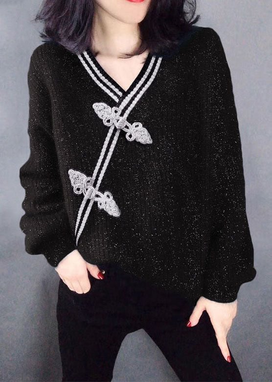 Simple Black V Neck Knit Knitted Tops Winter