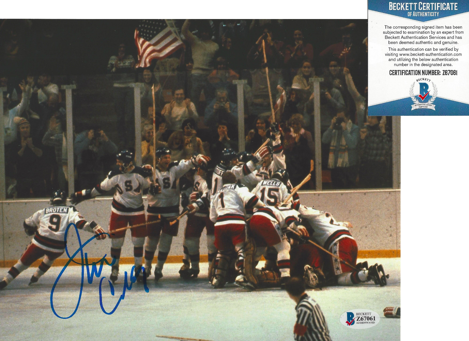 JIM CRAIG TEAM USA 1980 GOLD MIRACLE GOALIE SIGNED 8x10 Photo Poster painting B BECKETT COA BAS