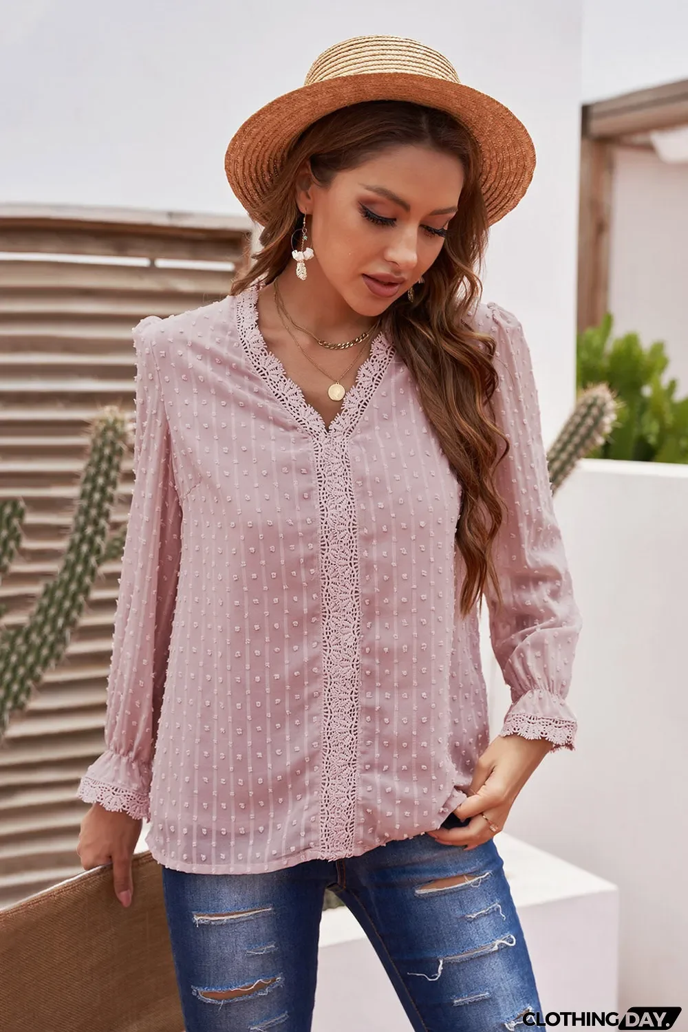Elegant V-Neck Swiss Dot Lace Blouse