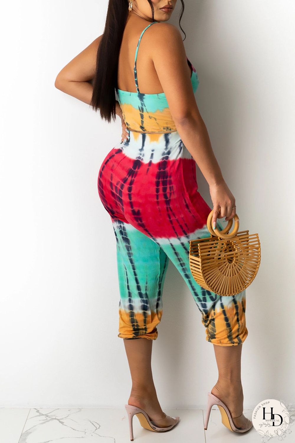 Blue Yellow Sexy Casual Print Tie Dye Backless V Neck Sleeveless Two Pieces