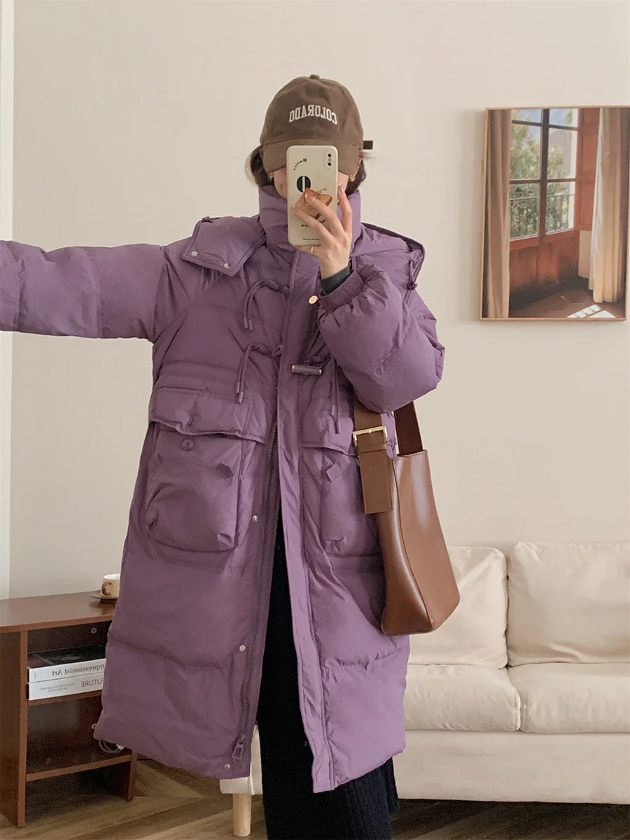 Woherb Korean Sweet Bamboo Buckle Down Jacket Female Long 2024 Winter New Hat Over The Knee Thick Warm Coat-Outfit Ideas