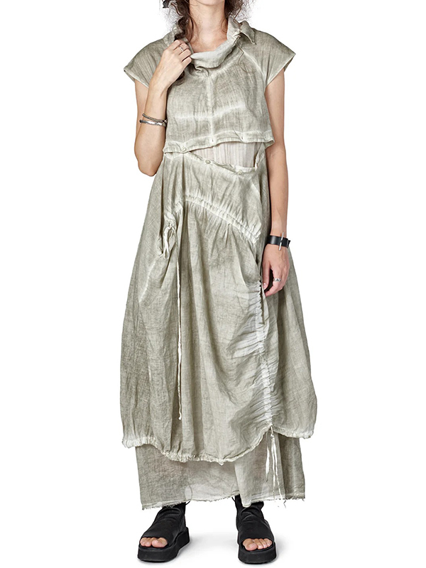 Short Sleeve Ruched Button Two Pockets Midi Dress