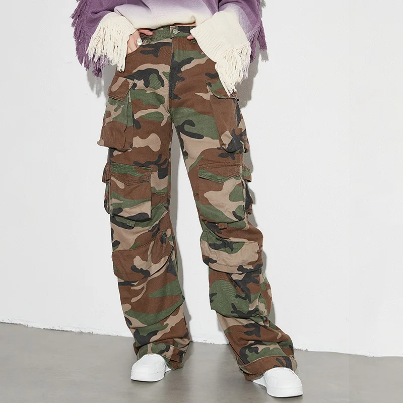 Toloer Toloer Hip-Hop Fall 2024 New Middle Waist Silhouette Long Multi-Pocket Camouflage Heavy Industry Jeans Woman-Outfit Ideas