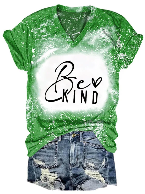 Short Sleeve V Neck Gradient Be Kind Letter Printed T-shirt