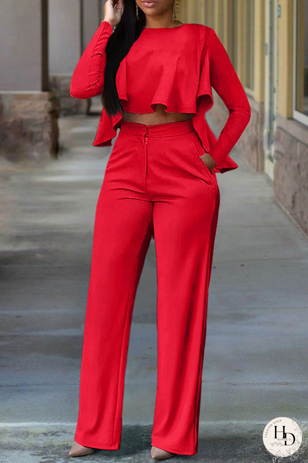 Red Fashion Casual Solid Patchwork O Neck Long Sleeve Two Pieces