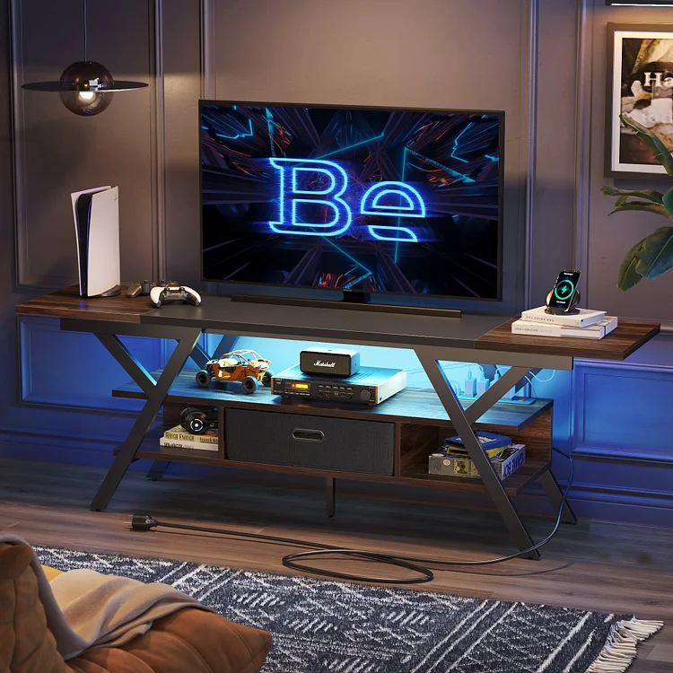 Bestier 70 Inch Modern TV Stand, Console Table with Power Outlets & LED Lights, Walnut