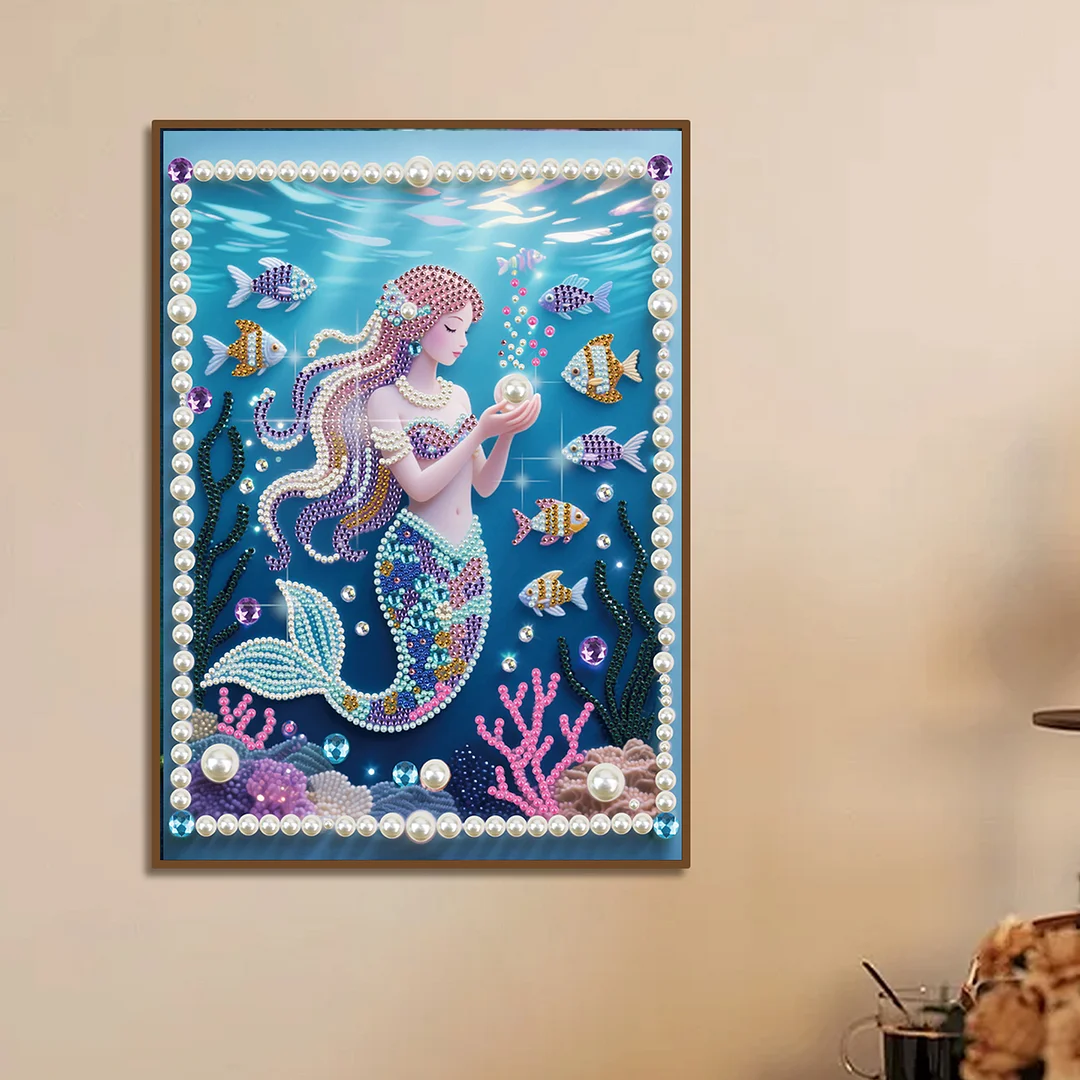 Pink Mermaid DIY Partial Diamond Pearl Painting Art Kits 30x40cm Special Shape Pearl Gem Paintings Picture Arts Craft for Adults Beginners Home Wall Decor