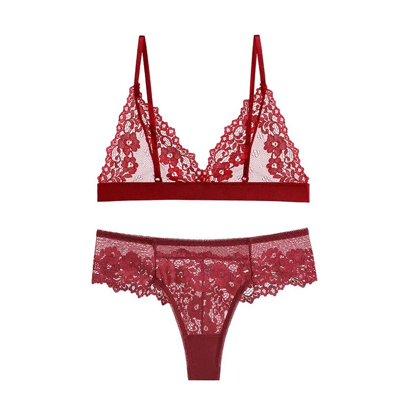 Billionm Lingerie Bra Set Seamless Lace Ultra-Thin Transparent Erotic Bra Thong Set Wire Free See Through Underwear
