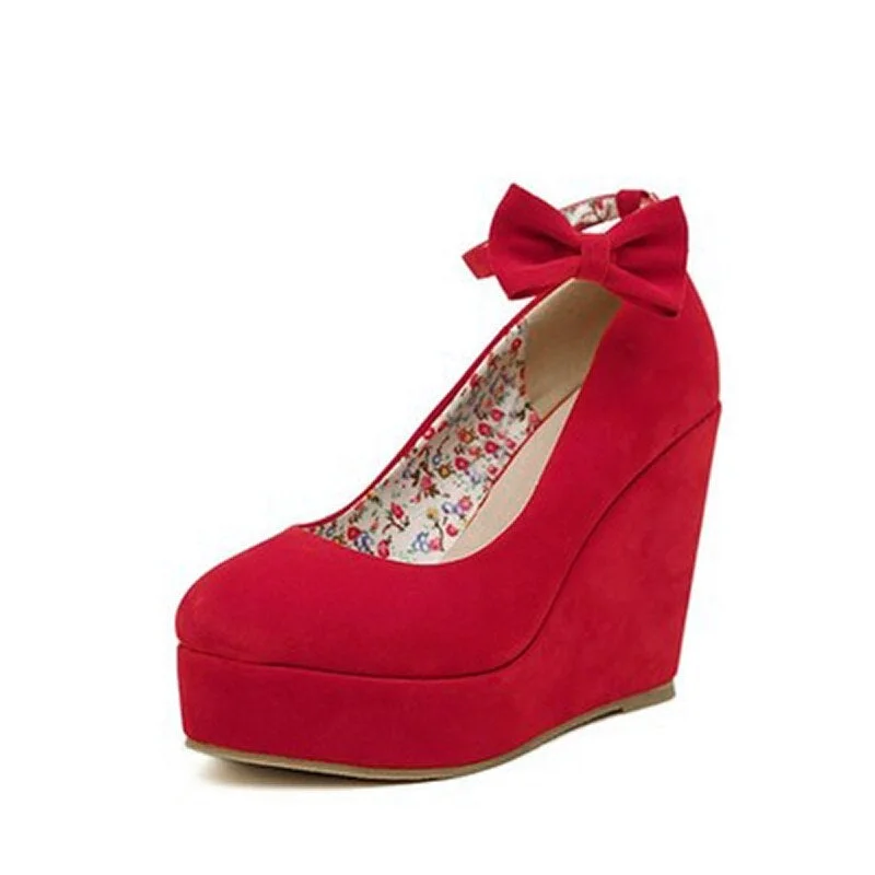 Women High Heels Shoes Plus Size Platform Wedges Female Pumps Women's Flock Buckle Bowtie Ankle Strap Woman Wedding Shoes