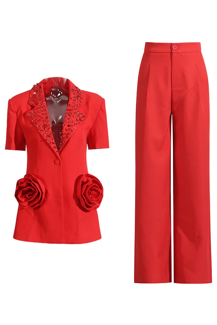 Rhinestone Lapel 3D Floral Short Sleeve Blazer Two Piece Pant Suit-Red