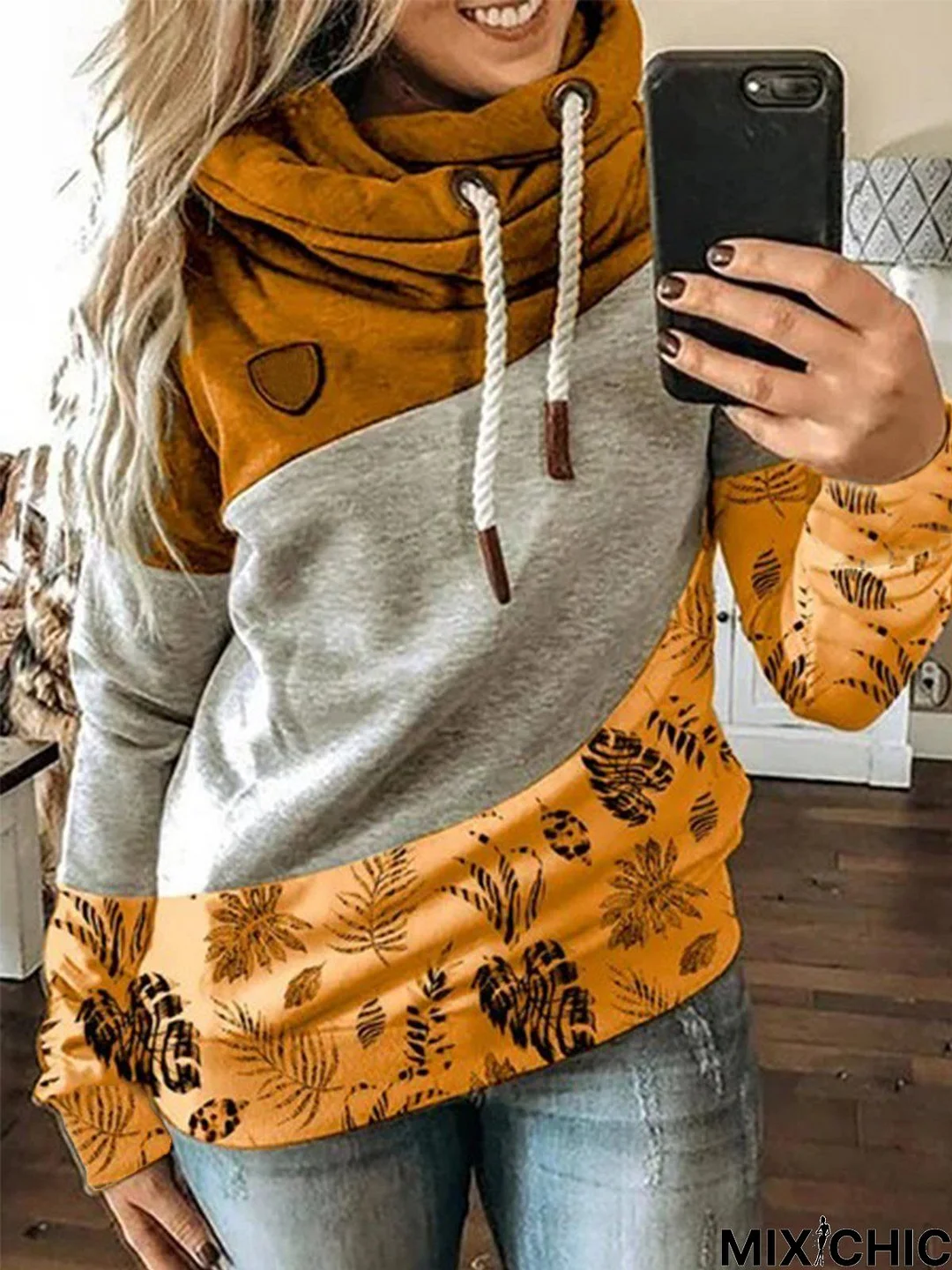 Long Sleeve Casual Paneled Hoodie Sweatshirt