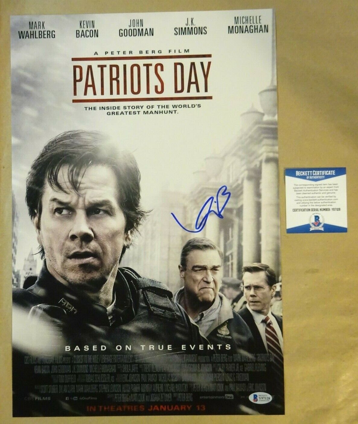 Signed KEVIN BACON Autographed PATRIOTS DAY 12x18