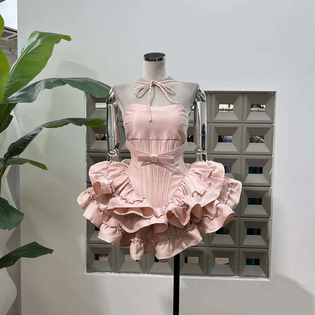 Brownm Three-Dimensional Girl Feeling Tied Cake Pony Dress Fish Bone Waist Party Dress With The Same Color Pumpkin Shorts