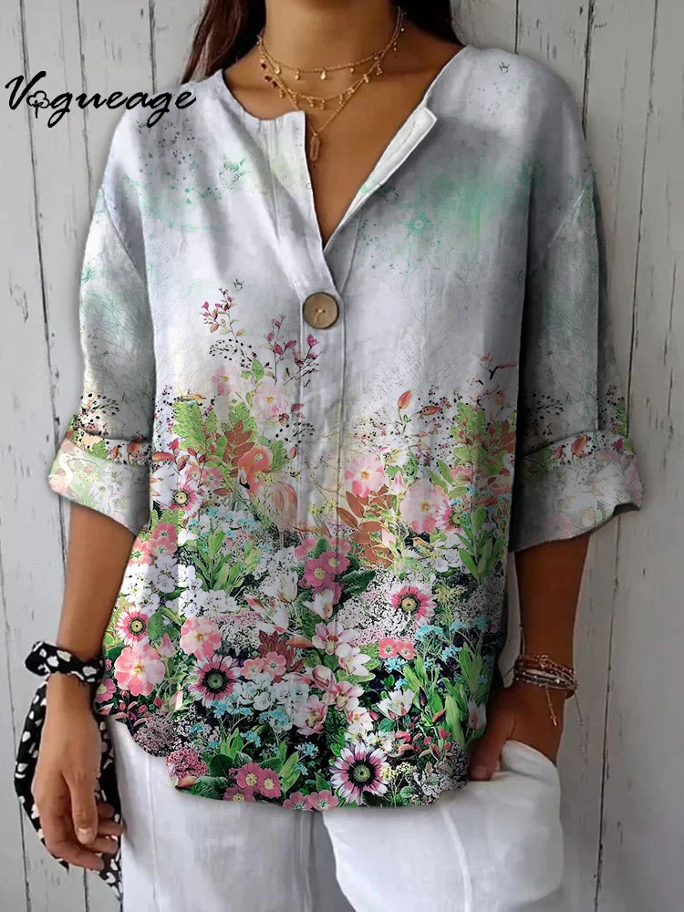 Bright Elegant And Vivid Flowers Printed Cotton And Linen Shirt