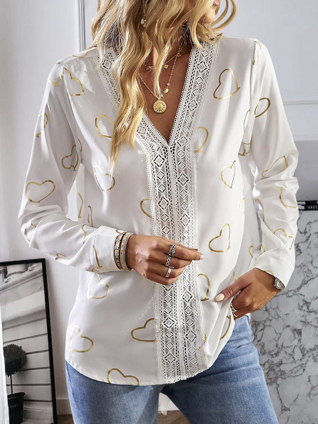 Lace Loose Casual V Neck Top
