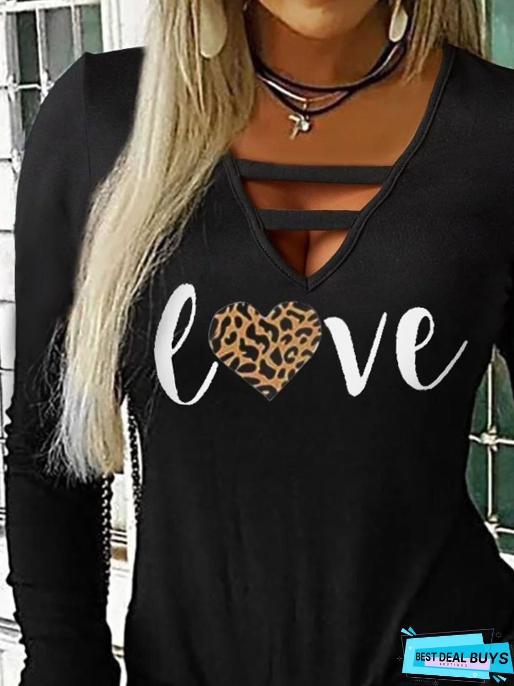 Black Letter Printed Long Sleeve Cutout Sexy Casual Party Top