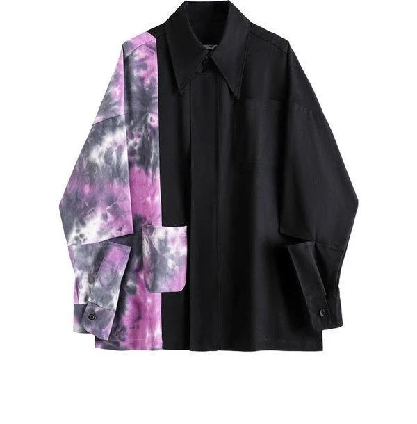 Splicing Contrast Color Turn Down Collar Loose Personality Women Top