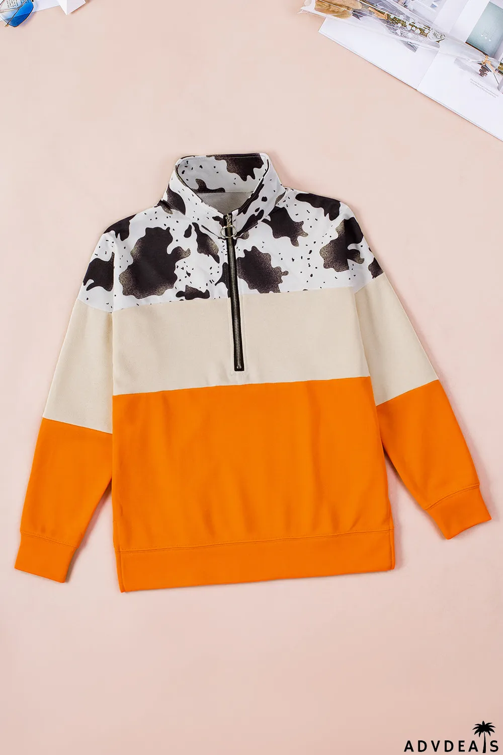Cow Print Color Block Zip-Up Pullover Sweatshirt