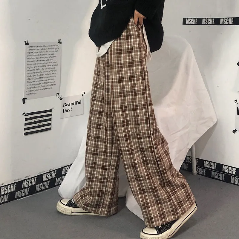 Vintage Plaid Pants-Elastic Waist Women High Plus Size Wide Leg Casual Female Korean