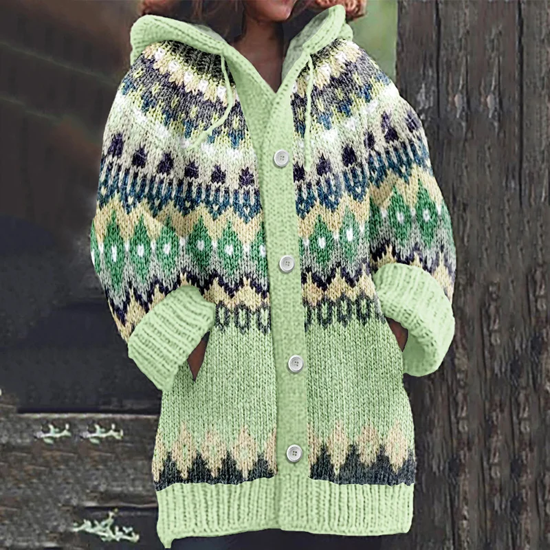 Retro Geometric Inspiration Icelandic Cozy Hooded Knitted Cardigan