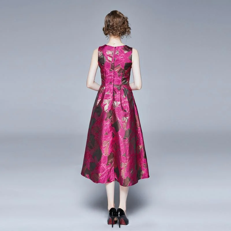 High waist big swing temperament jacquard round neck sleeveless dress