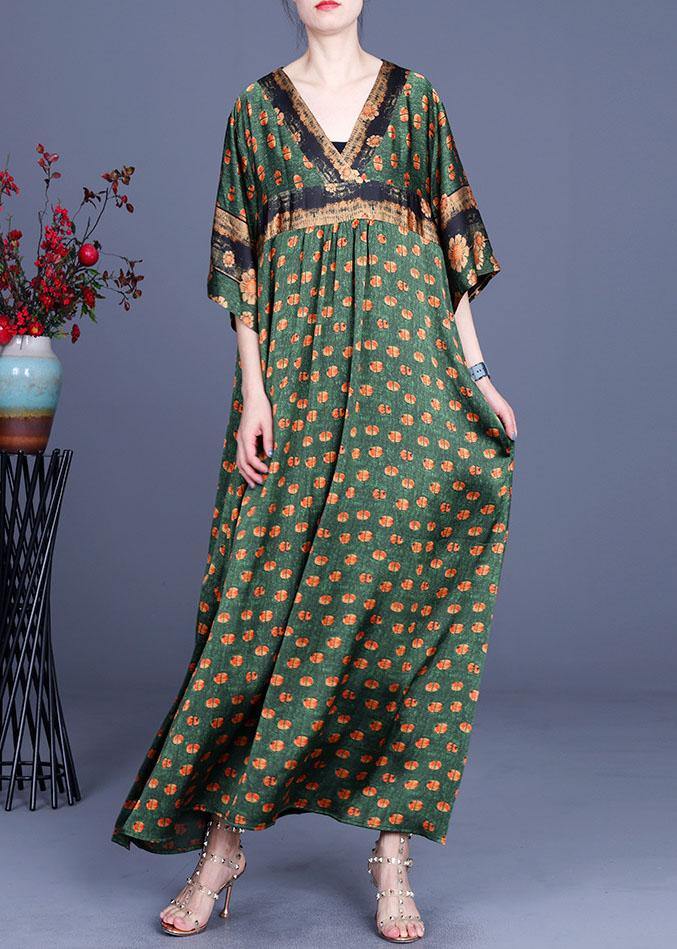 VCSHOES Green Dot Silk Patchwork V Neck Dress Summer