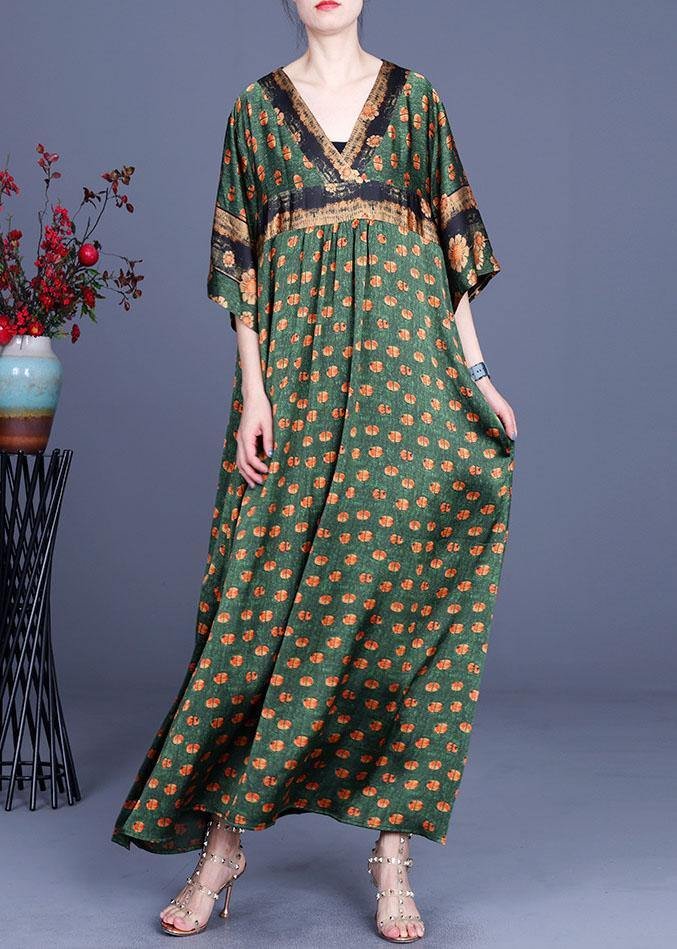 Fashion Green Dot Silk Patchwork V Neck Dress Summer